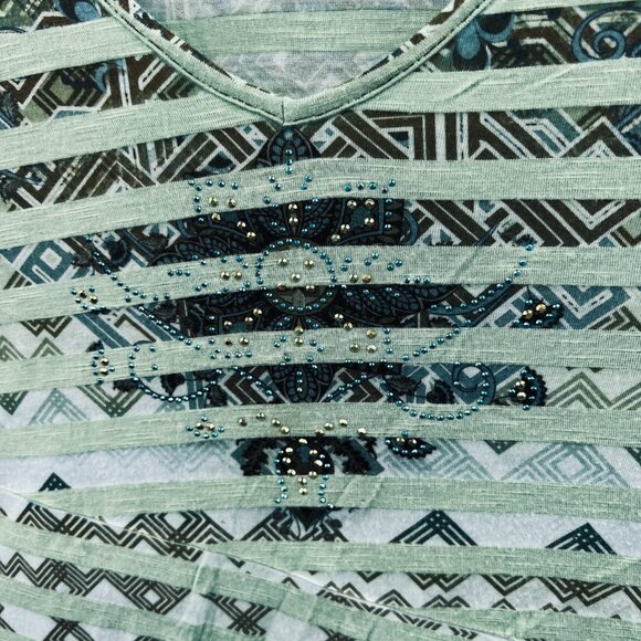 Live Let One World Women Tunic Top Large‎ Green Black Embellish 3/4 Sleeve Shirt - Picture 3 of 10